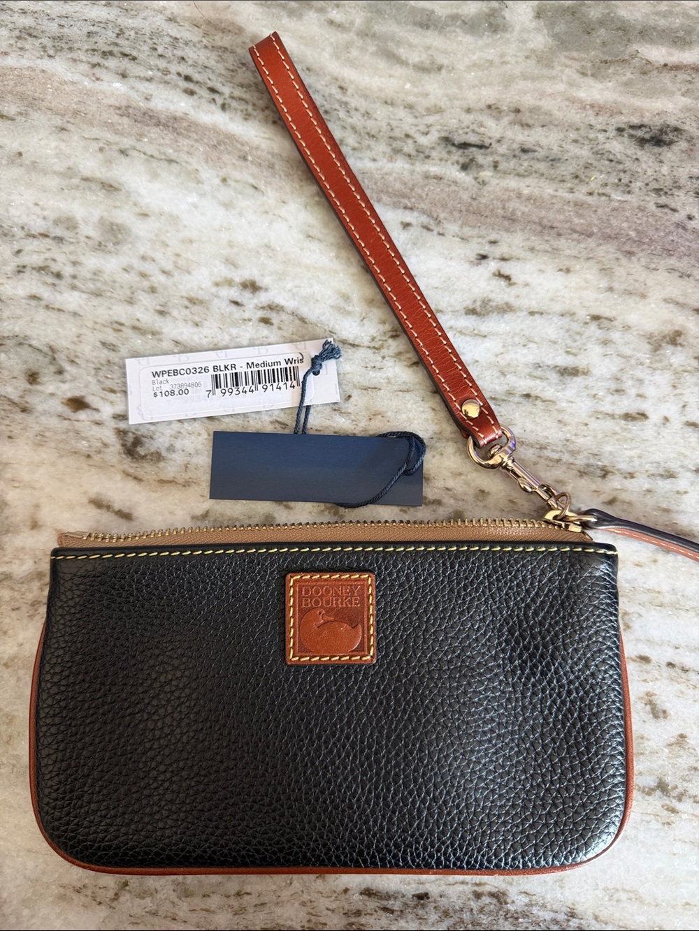 Dooney & Bourke Black Pebbled Leather Wristlet with Brown Trim